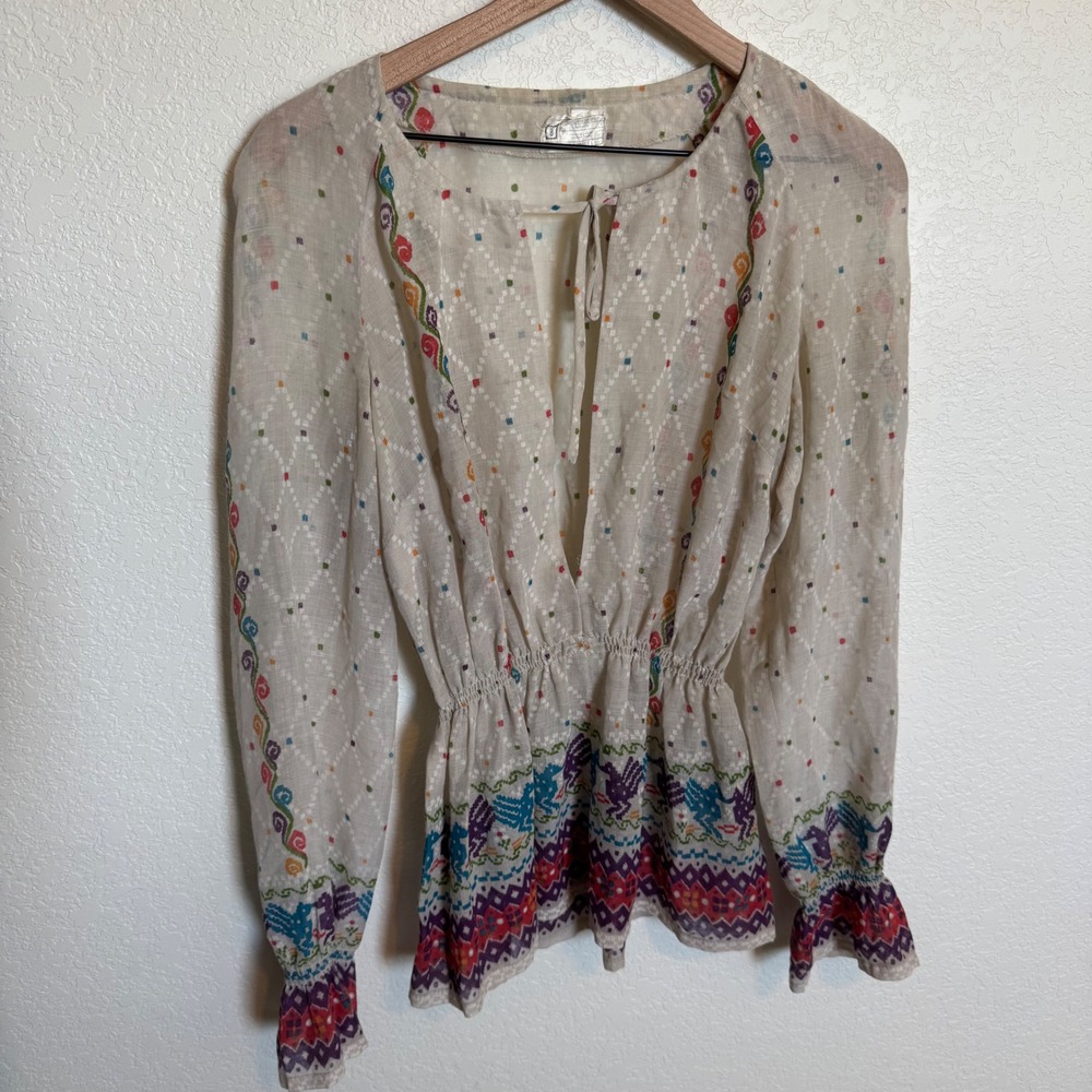 Boho Cottagecore Vintage Sheer Peplum Blouse Medium White Multi